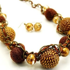 Leather crystal ball necklace and earrings set